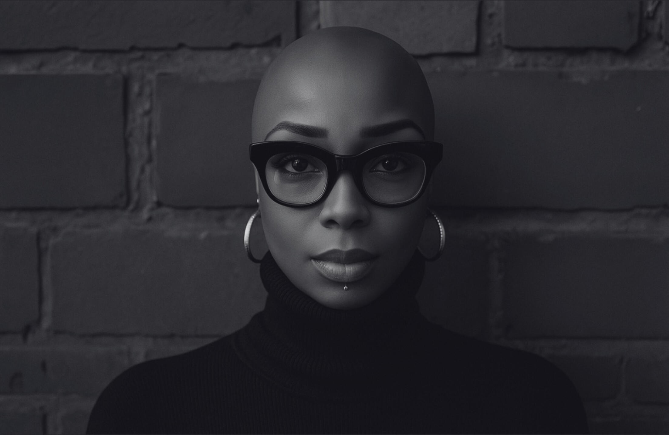 Black-and-white portrait of a bald Black woman wearing bold wayfarer-style glasses and large hoop earrings while standing in front of a brick wall; composed, modern, and minimalist aesthetic.