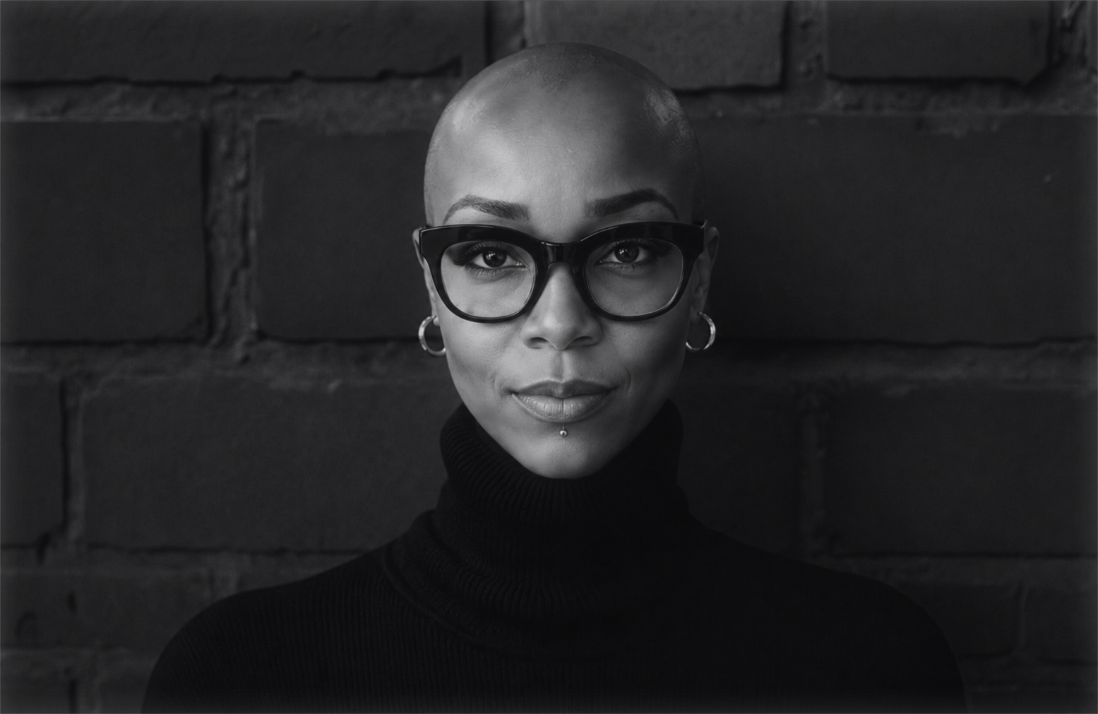 Black-and-white portrait of a bald Black woman wearing bold wayfarer-style glasses and large hoop earrings while standing in front of a brick wall; composed, modern, and minimalist aesthetic.